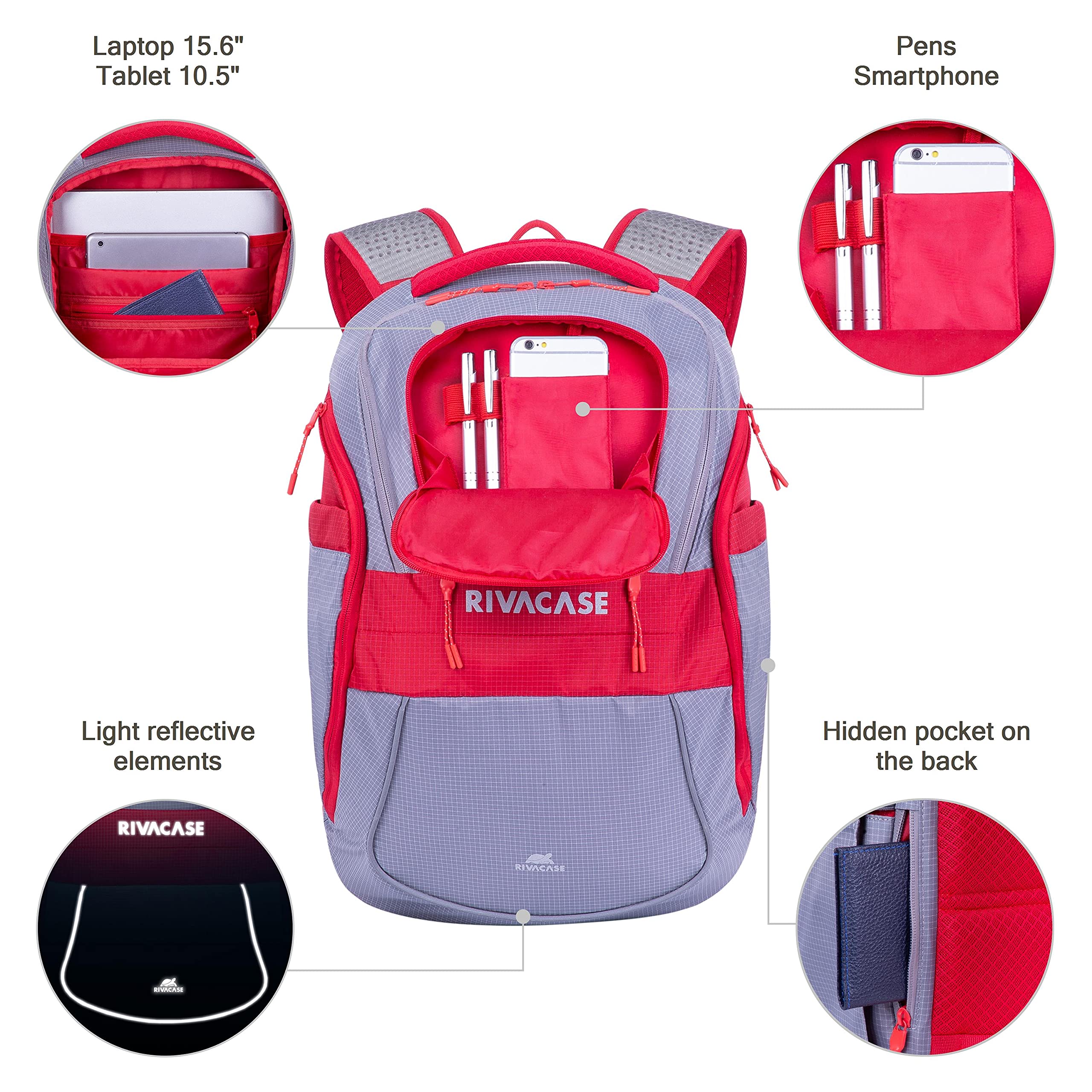 RIVACASE Ipanema 15,6 Zoll Laptoprucksack rot grau reflektierend