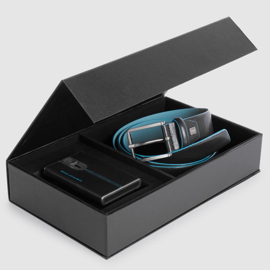 Piquadro Brief Geschenkset Gürtel Herren blau Leder