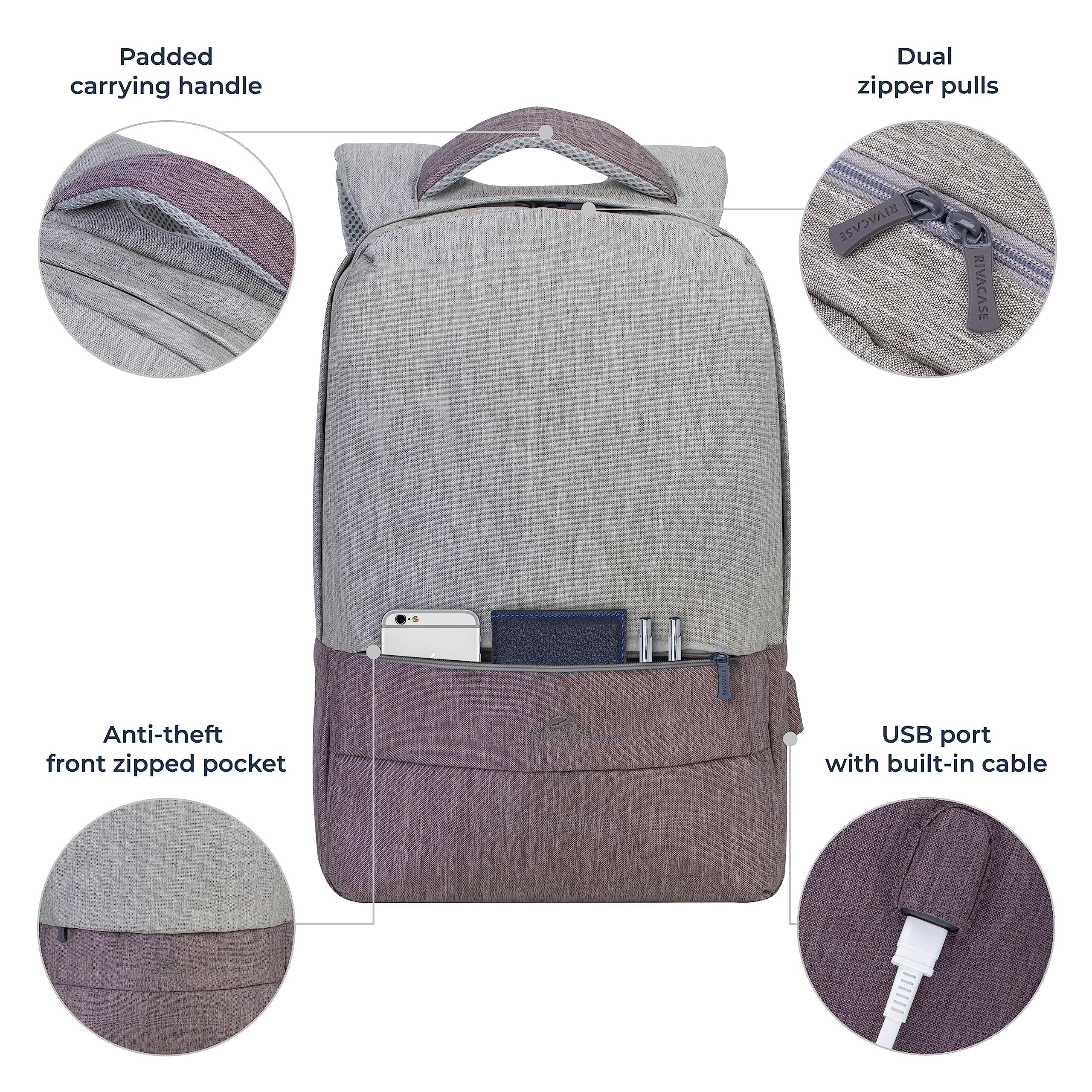 RIVACASE Ulsan Rucksack 15,6 Zoll Grau/Mokka mit USB