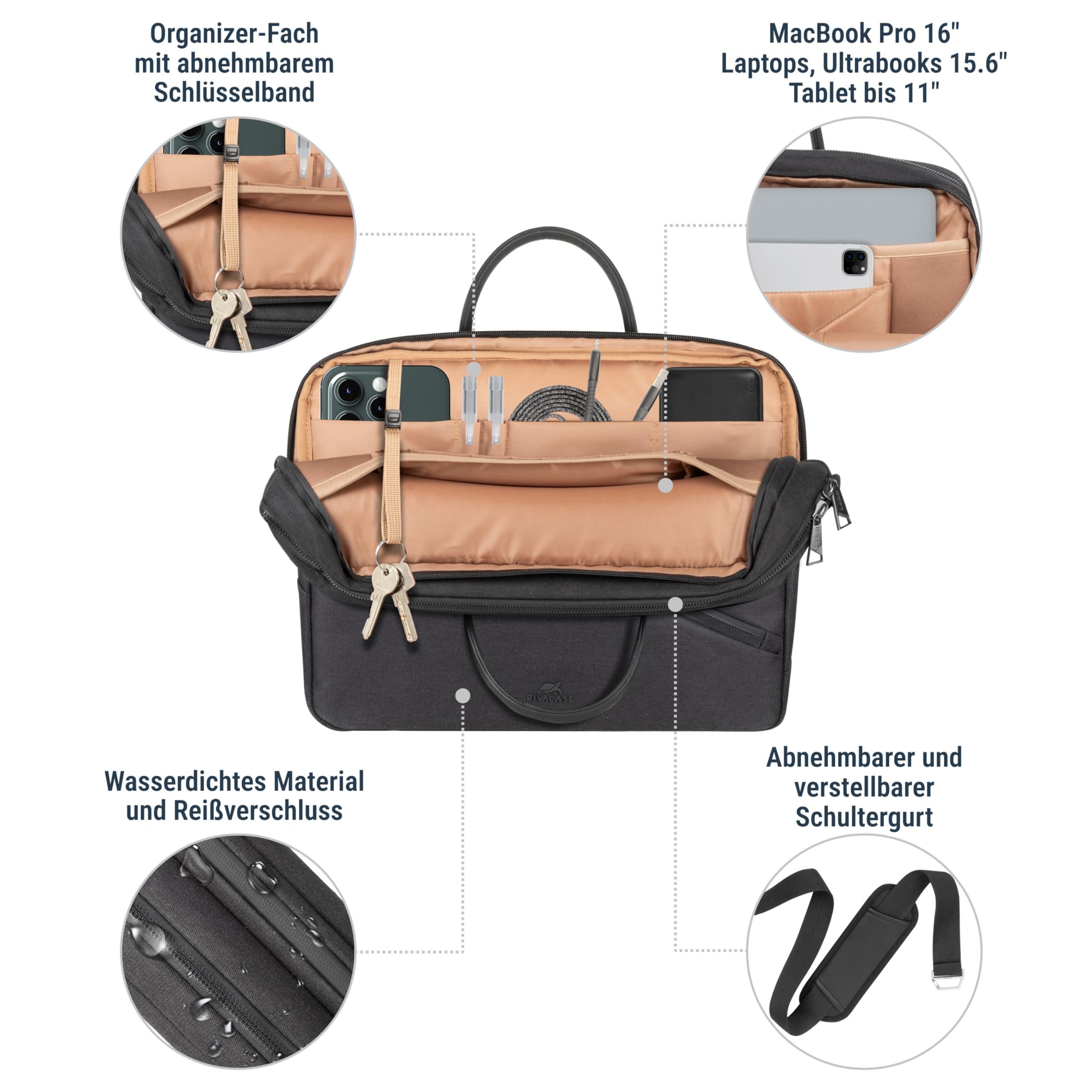 RIVACASE Alpendorf Laptoptasche 15,6 Zoll Schwarz wasserabweisend