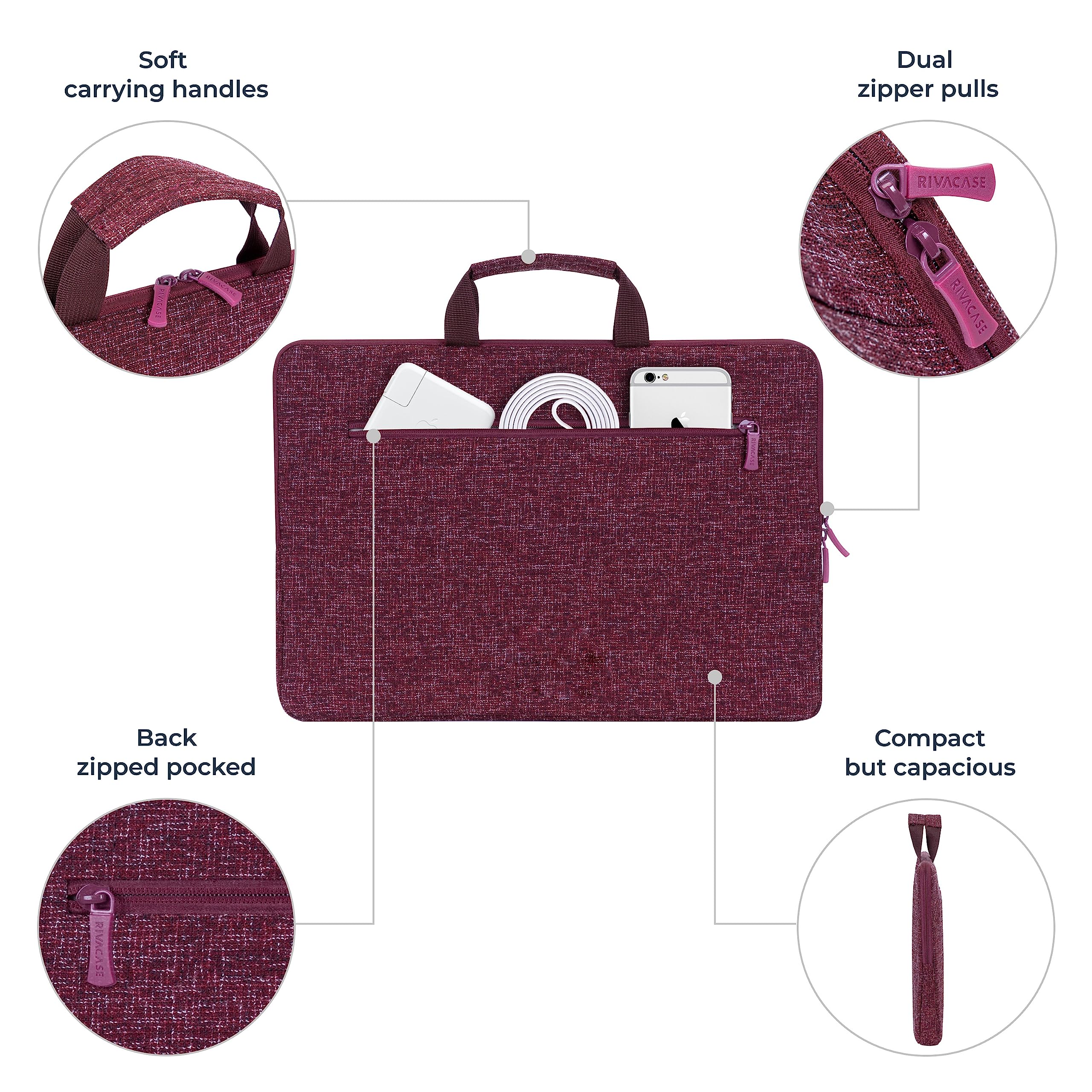 RIVACASE Erebus 14 Zoll Laptophülle Tweed Burgundy Rot Griff