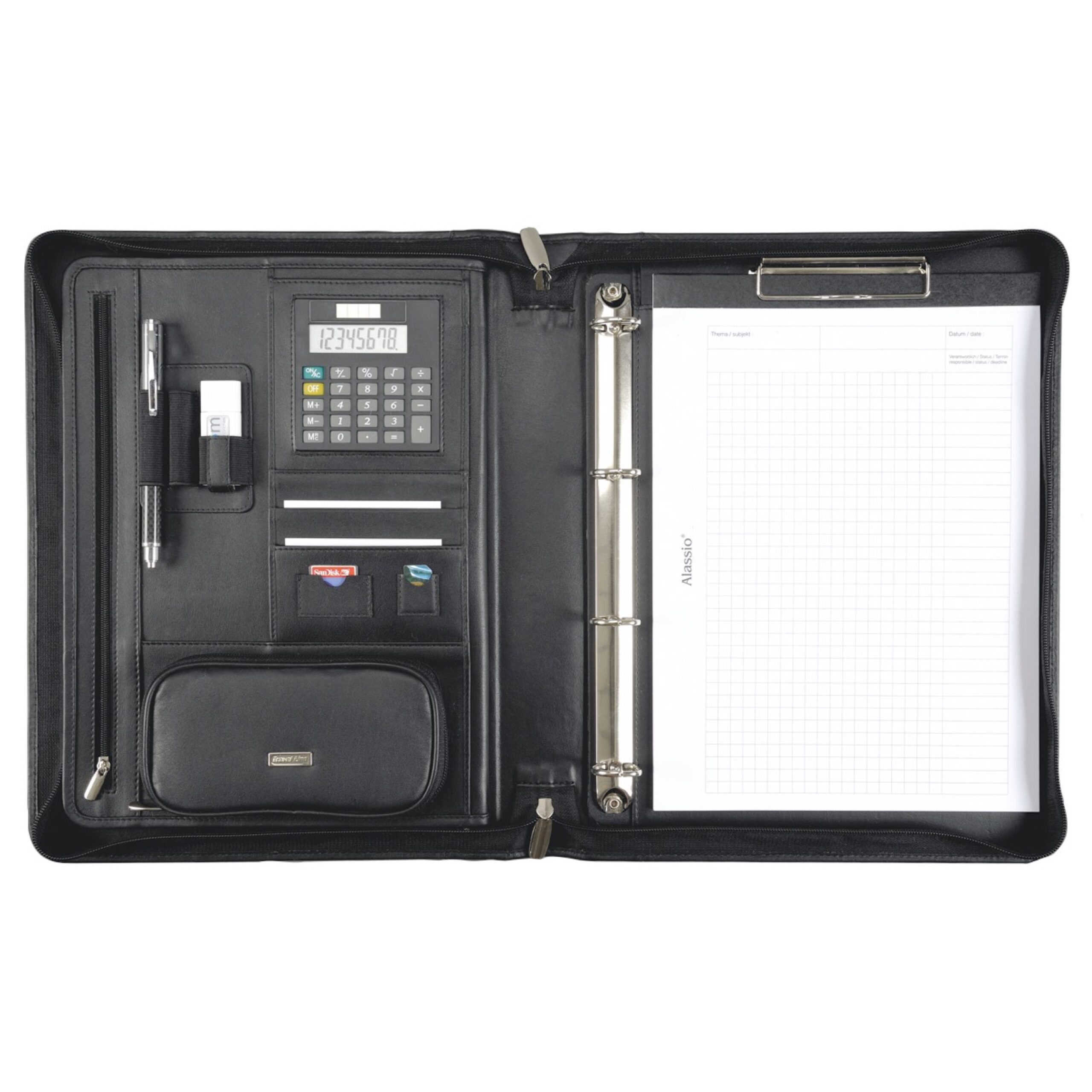 Lightpak Bosa Ringbuchmappe A4 Nappaleder schwarz Reißverschluss