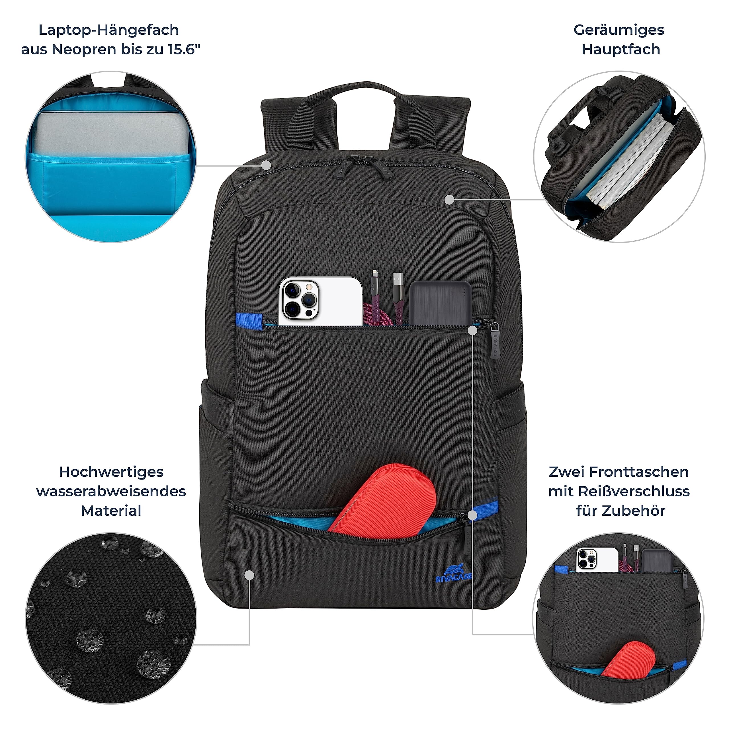 RIVACASE Aviva Laptop Rucksack 15,6 Zoll Schwarz 15L wasserabweisend