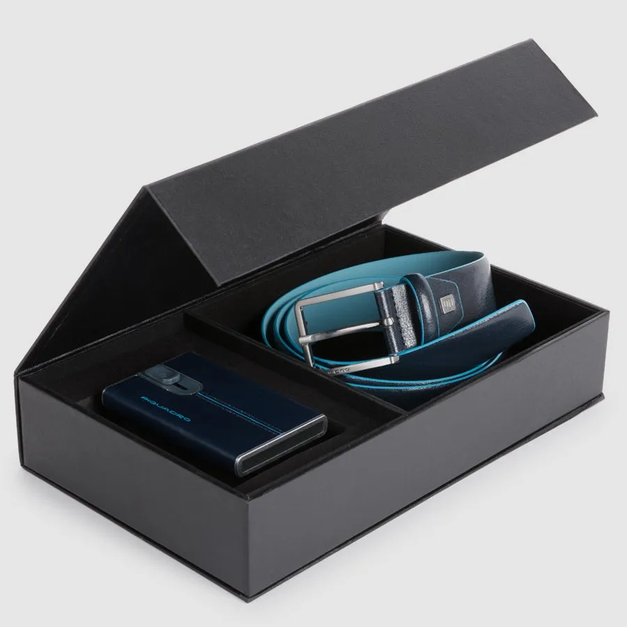 Piquadro Brief Geschenkset Gürtel Herren blau Leder
