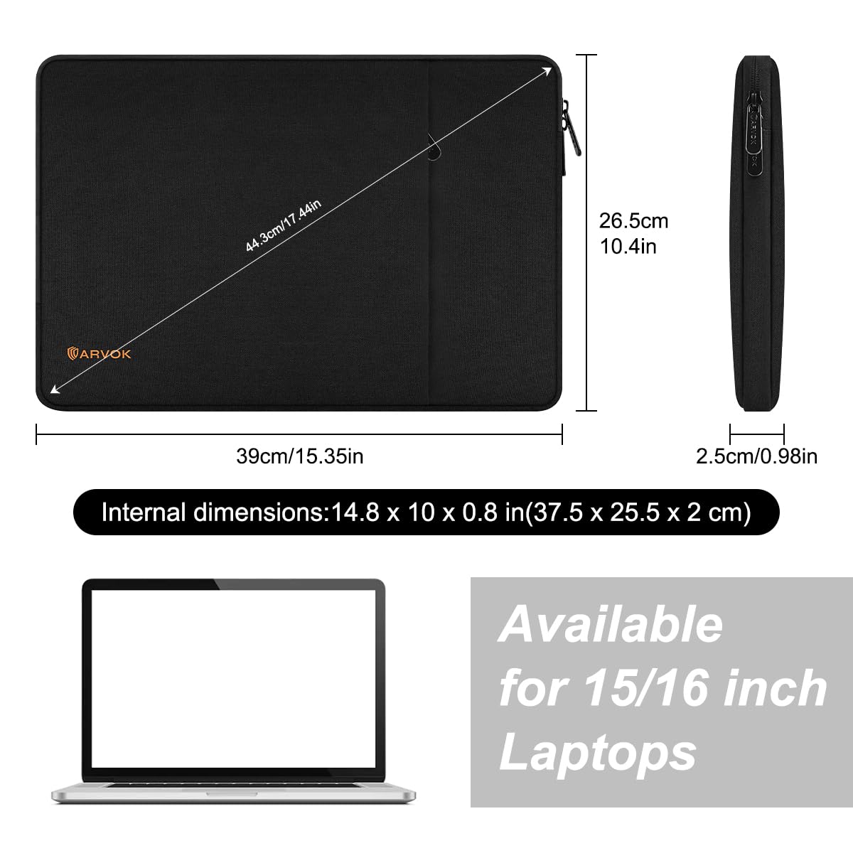 ARVOK Basic Laptophülle 15-15,6 Zoll Schwarz wasserabweisend