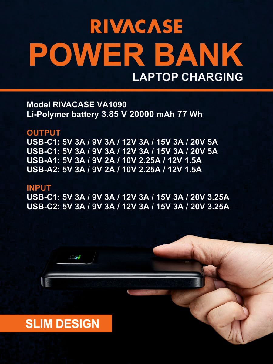 RIVACASE RIVAPOWER VA1090 Powerbank 20000 mAh 100W Schwarz
