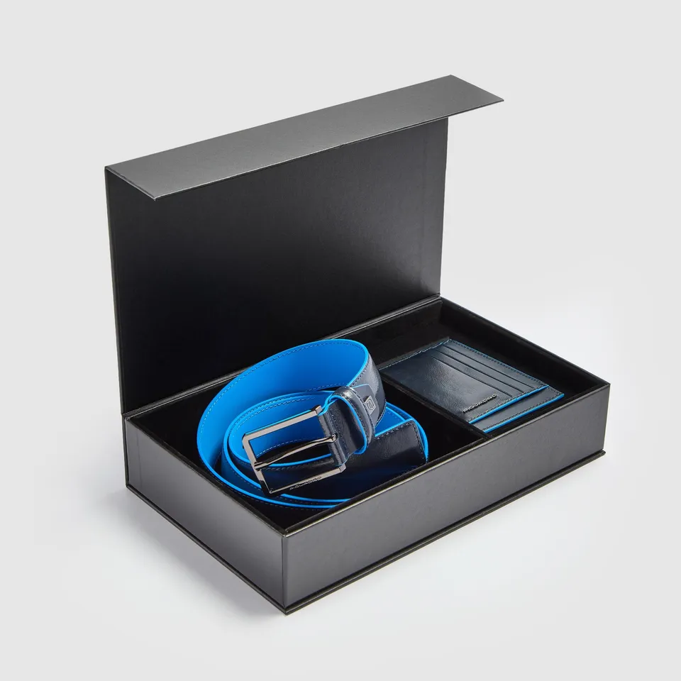 Piquadro Brief Geschenkset Gürtel Kartenetui BLU2 Leder