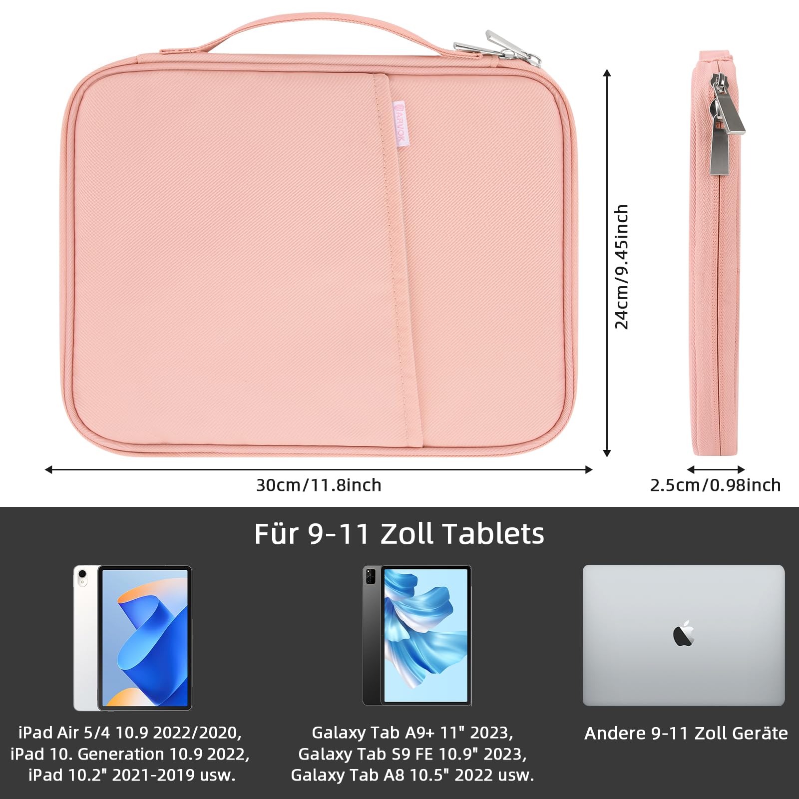 ARVOK Basic Tablet Tasche 9-11 Zoll Rosa wasserfest mit Griff