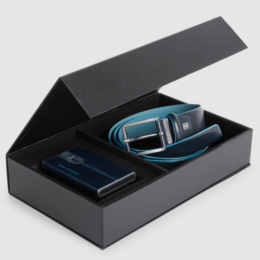 Piquadro Brief Geschenkset Gürtel Herren blau Leder