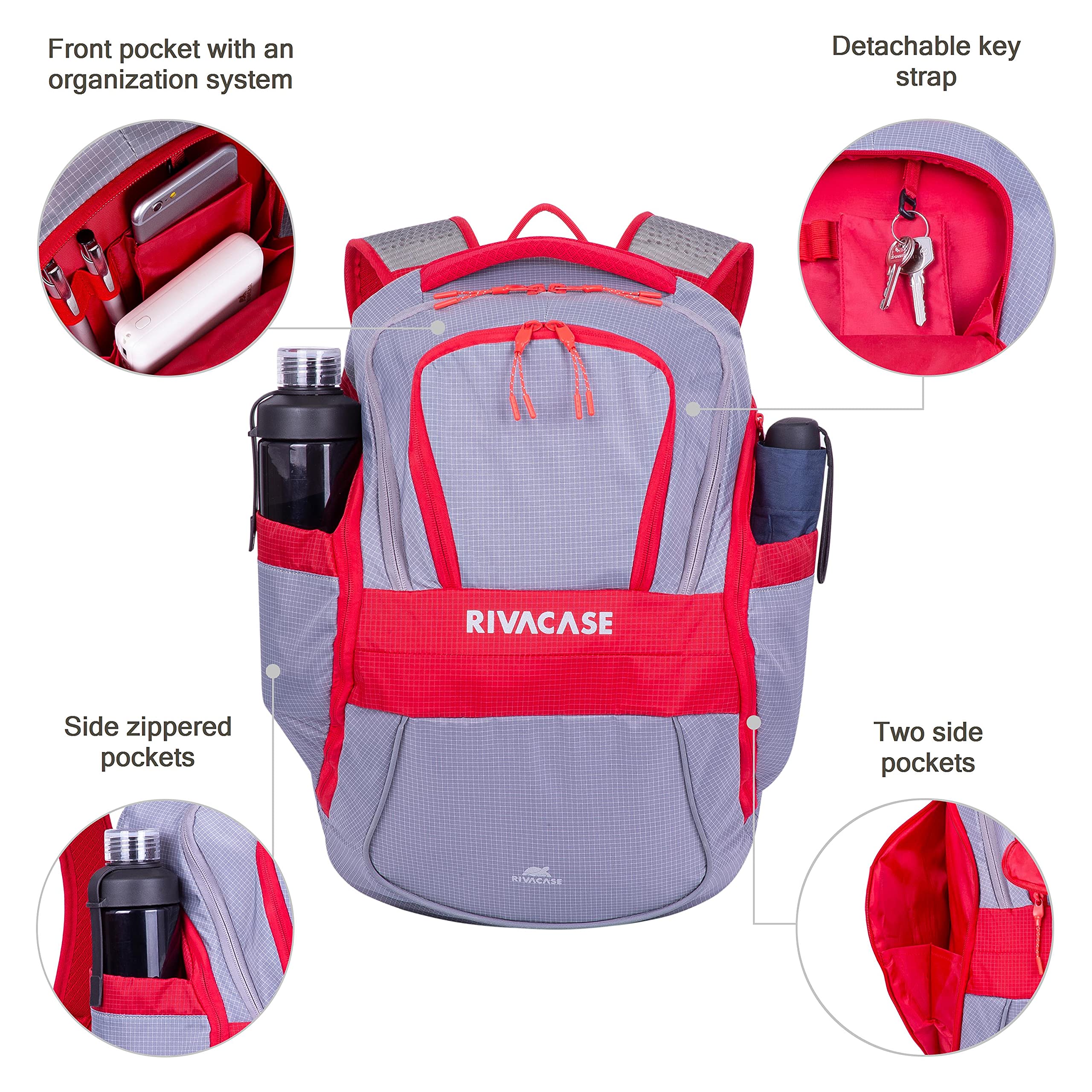 RIVACASE Ipanema 15,6 Zoll Laptoprucksack rot grau reflektierend