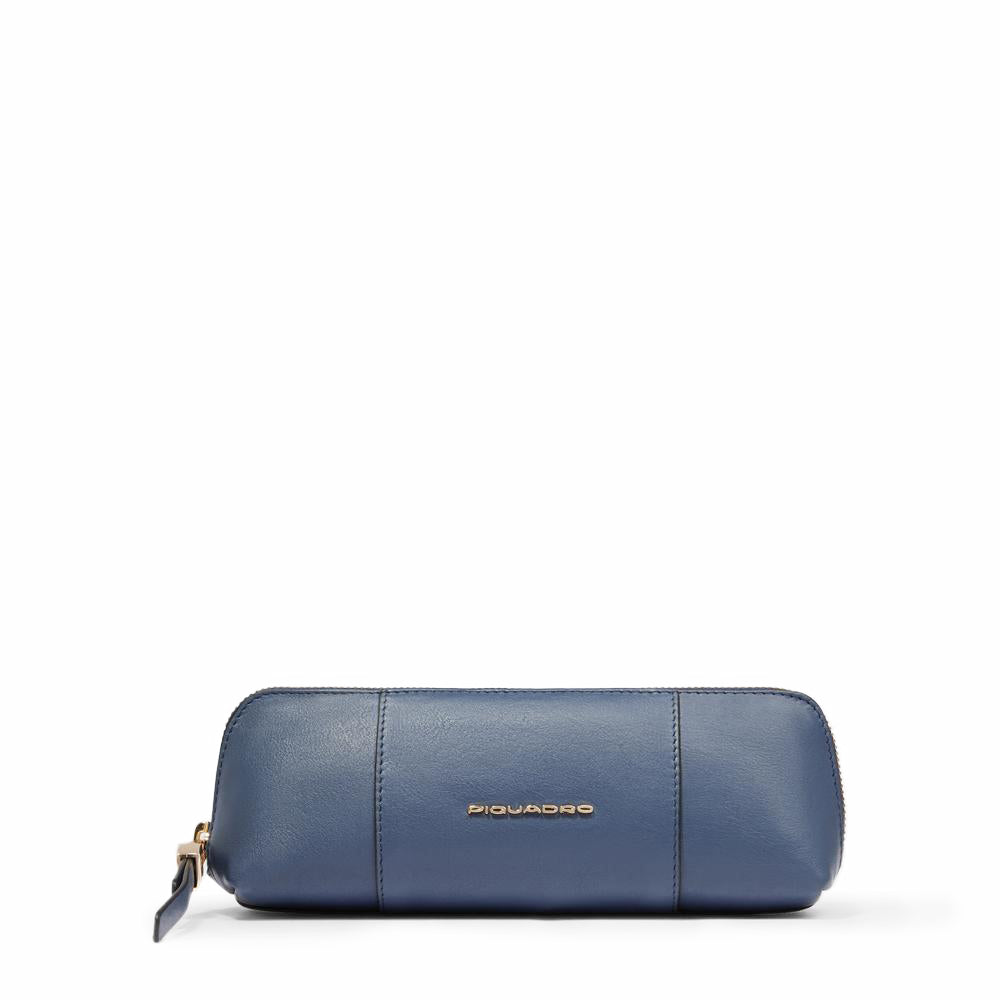 Piquadro Blue Square Stifteetui Leder Schwarz Reißverschluss