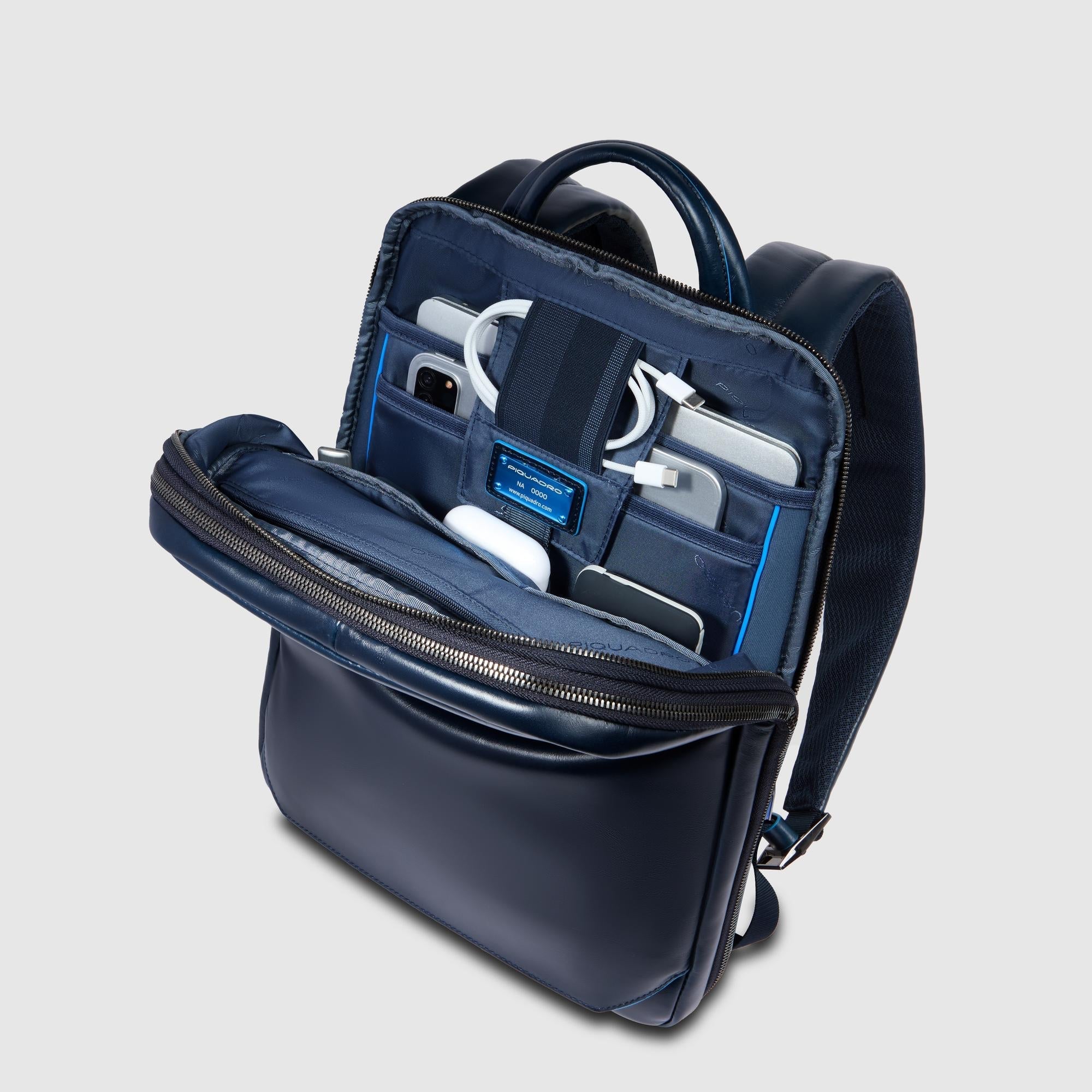 Piquadro Blue Square Rucksack 14 Zoll blau Leder RFID