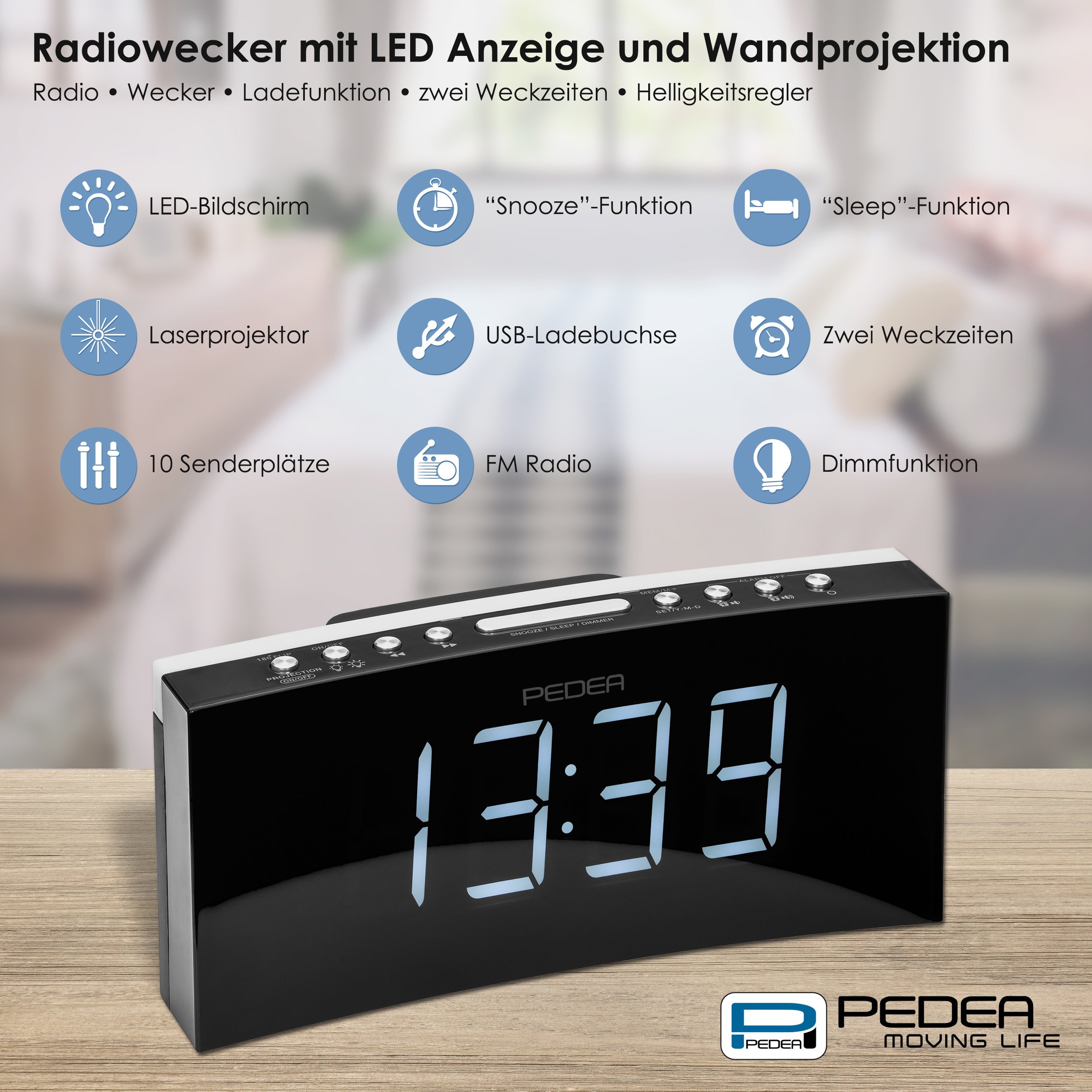 PEDEA Radiowecker mit Wandprojektion Digitaluhr Schwarz