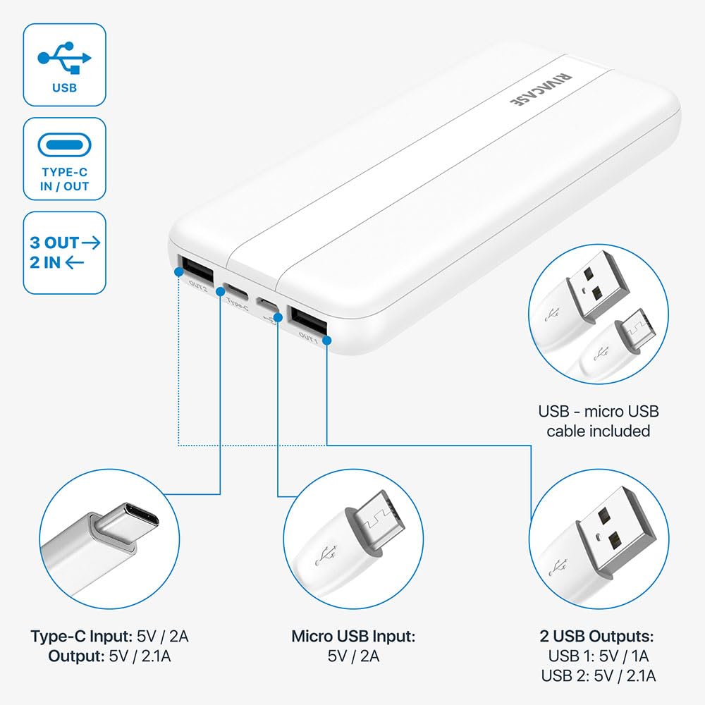 RIVACASE RIVAPOWER VA2041 Powerbank 10000mAh Weiß USB-C