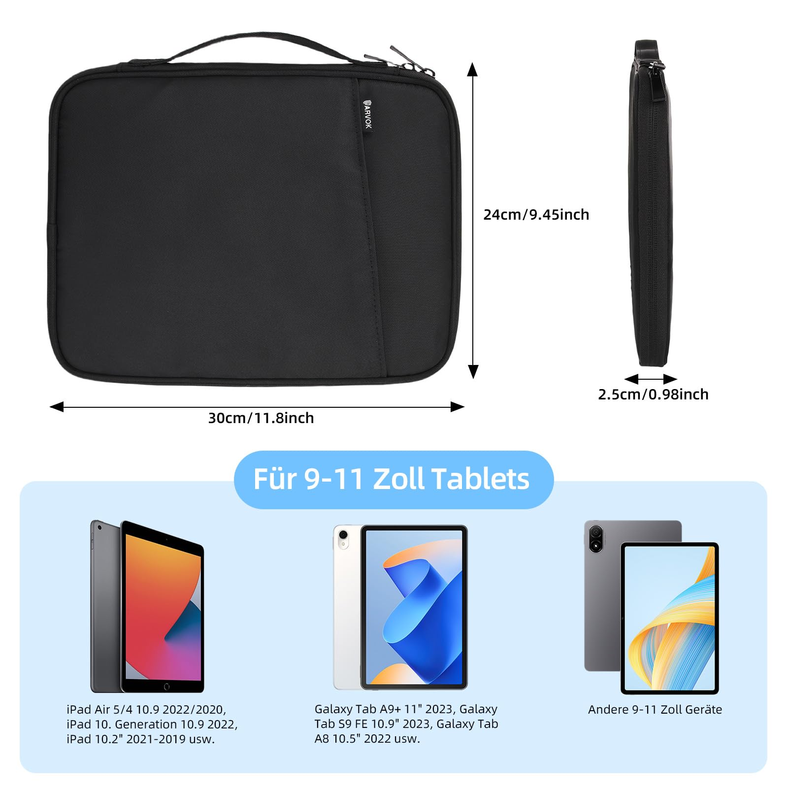 ARVOK Basic Tablet-Tasche 11 Zoll Sleeve mit Griff Schwarz