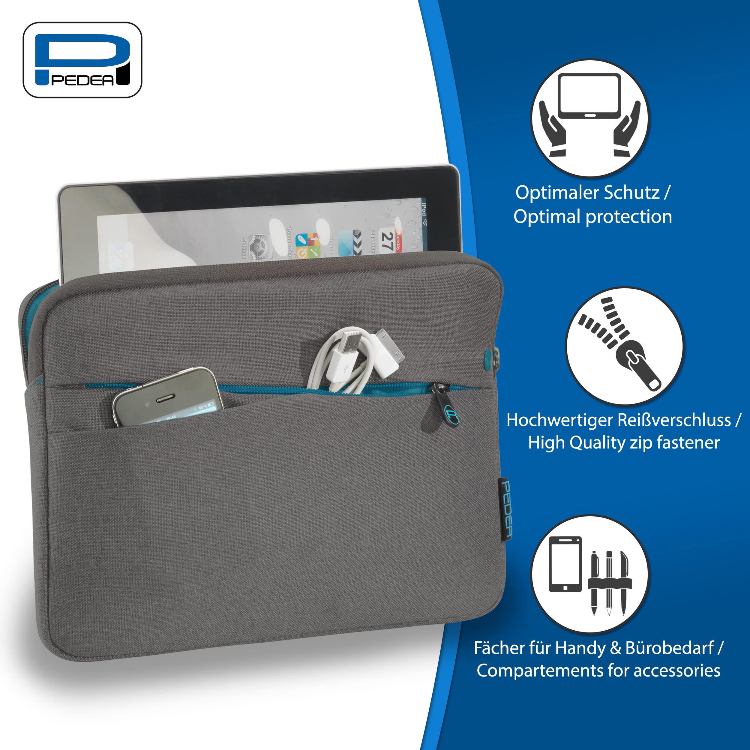 Pedea Tablet 9-11 Zoll Tasche Sleeve grau mit Zubehörfach